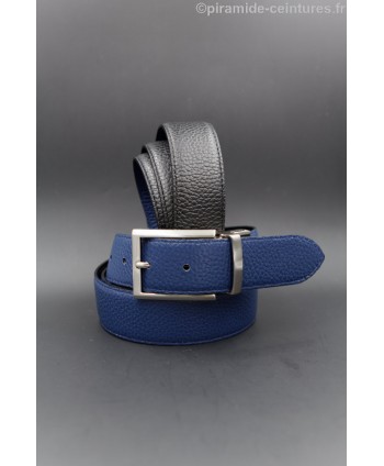 Reversible 35 mm leather belt black and blue with thin nickel pin buckle