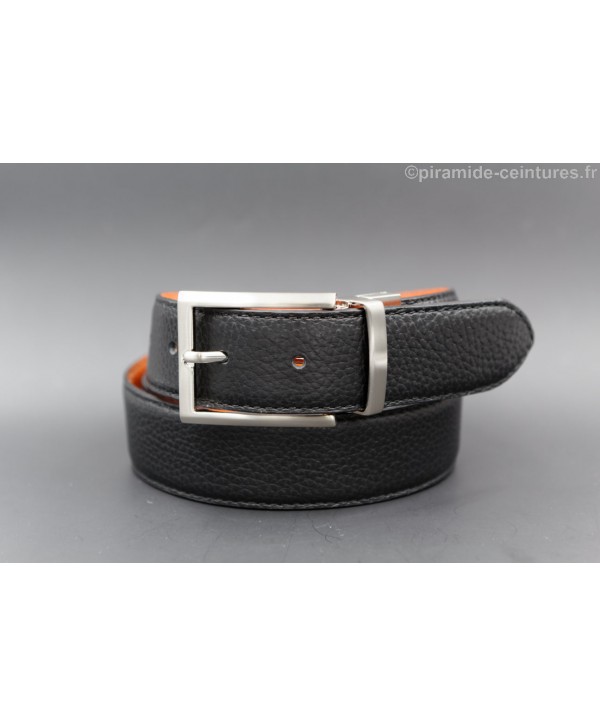Reversible 35 mm leather belt black and orange with thin nickel pin buckle - black side