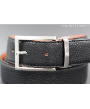 Reversible 35 mm leather belt black and orange with thin nickel pin buckle - black side - buckle detail