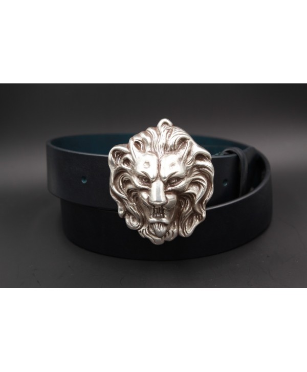 Blue marine leather belt with lion head buckle