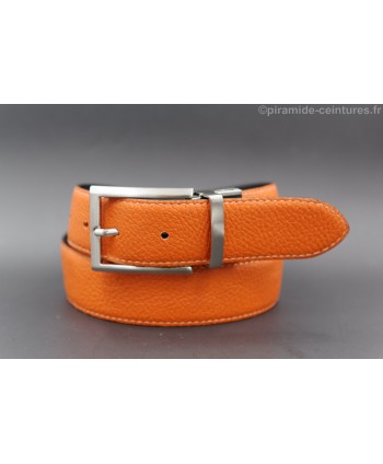 Reversible 35 mm leather belt black and orange with thin nickel pin buckle - orange side
