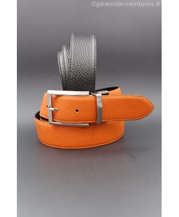 Reversible 35 mm leather belt black and orange with thin nickel pin buckle