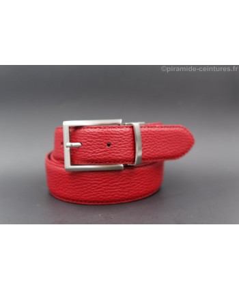 Reversible 35 mm leather belt red and grey with thin nickel pin buckle - red side