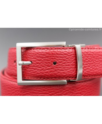 Reversible 35 mm leather belt red and grey with thin nickel pin buckle - red side - buckle detail