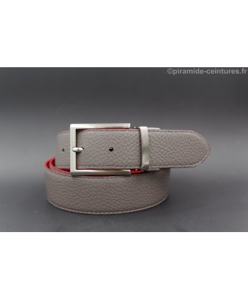 Reversible 35 mm leather belt red and grey with thin nickel pin buckle - grey side