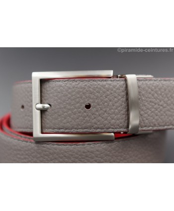 Reversible 35 mm leather belt red and grey with thin nickel pin buckle - grey side - buckle detail