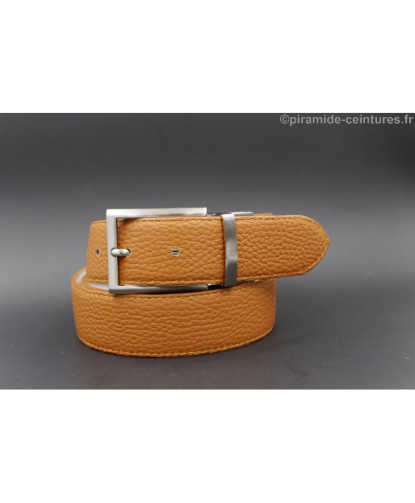 Reversible 35 mm leather belt camel and white with thin nickel pin buckle - camel side