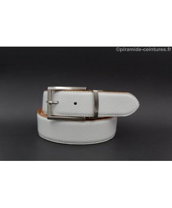 Reversible 35 mm leather belt camel and white with thin nickel pin buckle - white side