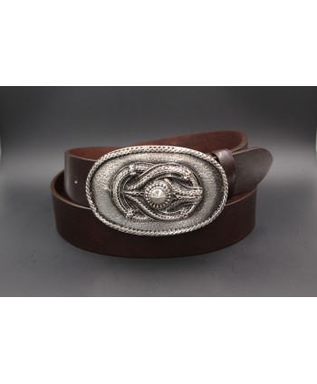 Large dark brown leather belt buckle with rope motif