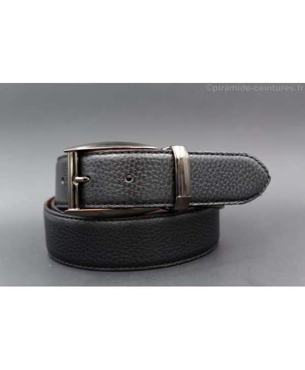 Reversible 35 mm black and brown leather belt with pin buckle color gun barrel - black side