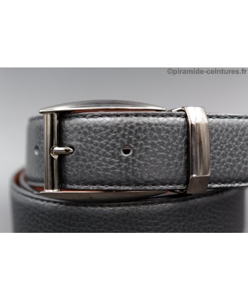 Reversible 35 mm black and brown leather belt with pin buckle color gun barrel - black side - buckle detail