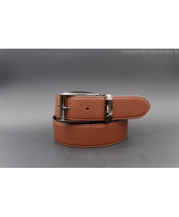 Reversible 35 mm black and brown leather belt with pin buckle color gun barrel - brown side