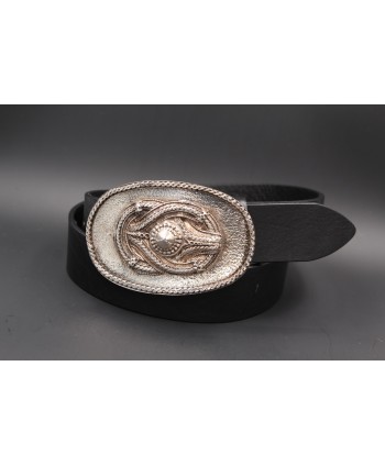 Large black leather belt buckle with rope motif