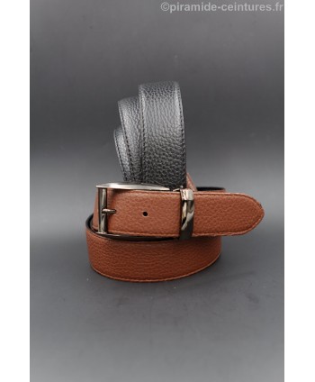 Reversible 35 mm black and brown leather belt with pin buckle color gun barrel