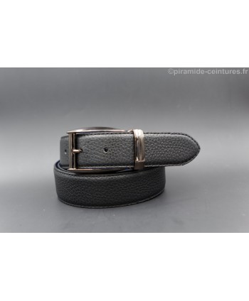 Reversible 35 mm black and blue leather belt with pin buckle color gun barrel - black side