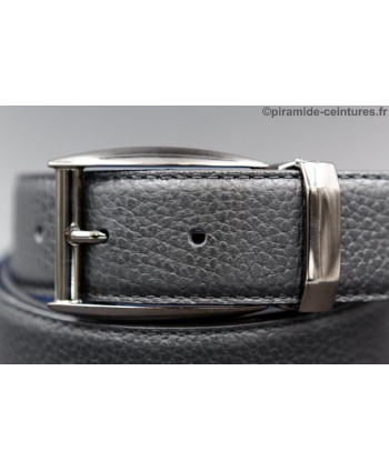 Reversible 35 mm black and blue leather belt with pin buckle color gun barrel - black side - buckle detail
