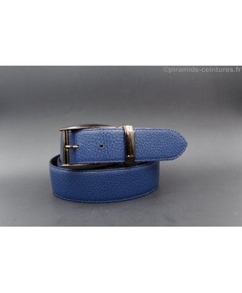 Reversible 35 mm black and blue leather belt with pin buckle color gun barrel - blue side