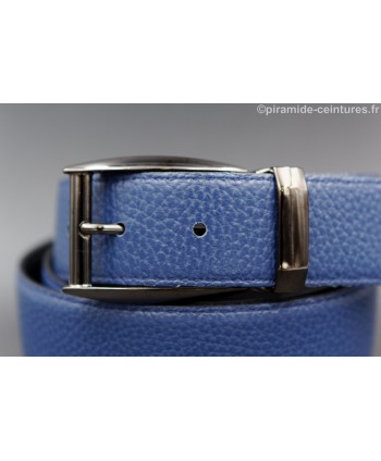 Reversible 35 mm black and blue leather belt with pin buckle color gun barrel - blue side - buckle detail