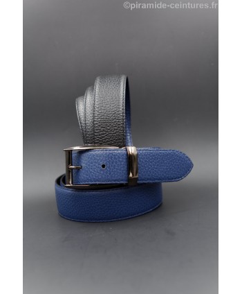 Reversible 35 mm black and blue leather belt with pin buckle color gun barrel