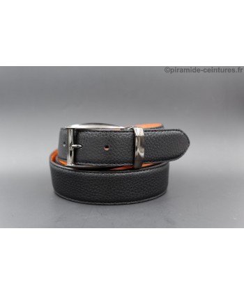 Reversible 35 mm black and orange leather belt with pin buckle color gun barrel - black side