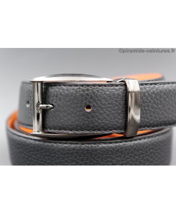 Reversible 35 mm black and orange leather belt with pin buckle color gun barrel - black side - buckle detail