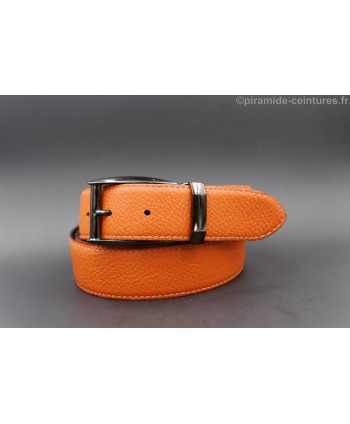 Reversible 35 mm black and orange leather belt with pin buckle color gun barrel - orange side