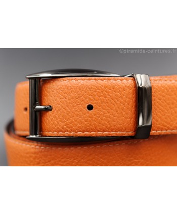Reversible 35 mm black and orange leather belt with pin buckle color gun barrel - orange side - buckle detail