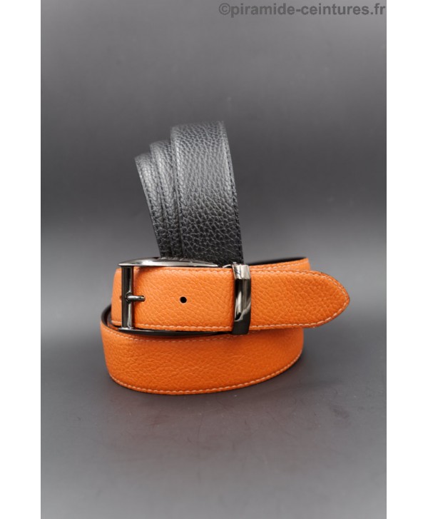 Reversible 35 mm black and orange leather belt with pin buckle color gun barrel