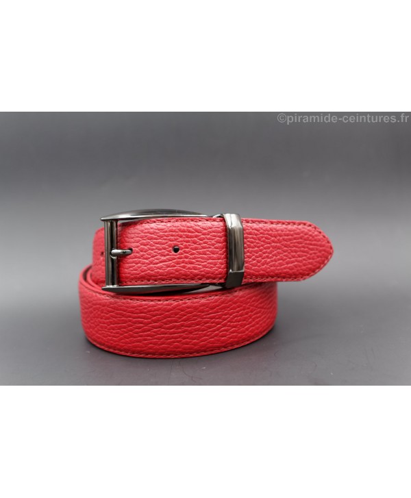 Reversible 35 mm red and grey leather belt with pin buckle color gun barrel - red side