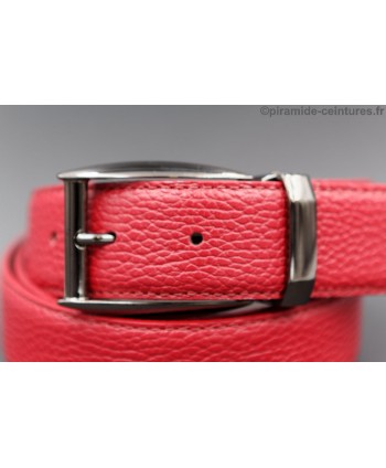 Reversible 35 mm red and grey leather belt with pin buckle color gun barrel - red side - buckle detail