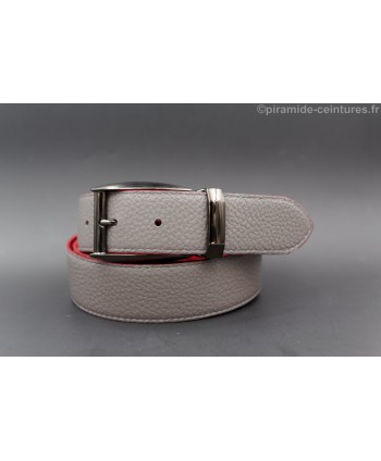 Reversible 35 mm red and grey leather belt with pin buckle color gun barrel - grey side