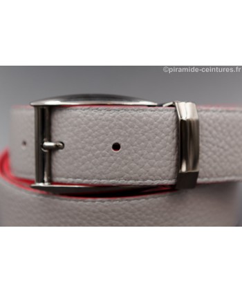 Reversible 35 mm red and grey leather belt with pin buckle color gun barrel - grey side - buckle detail