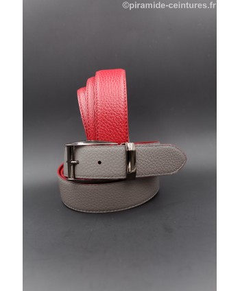 Reversible 35 mm red and grey leather belt with pin buckle color gun barrel
