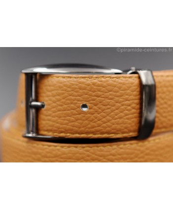 Reversible 35 mm camel and white leather belt with pin buckle color gun barrel - camel side - buckle detail
