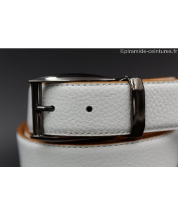 Reversible 35 mm camel and white leather belt with pin buckle color gun barrel - white side - buckle detail