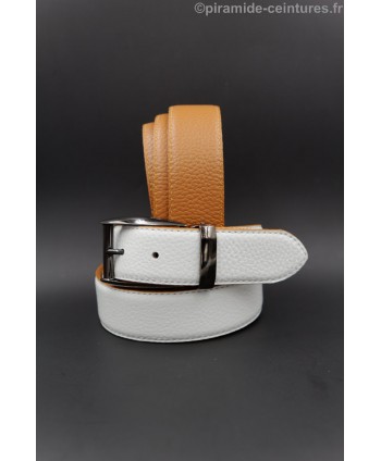 Reversible 35 mm camel and white leather belt with pin buckle color gun barrel