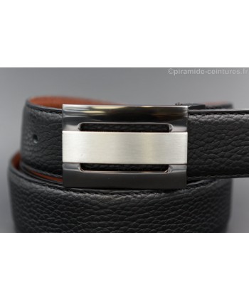 Reversible 35 mm leather belt black and brown plate buckle color nickel and gun barrel - black side - buckle detail