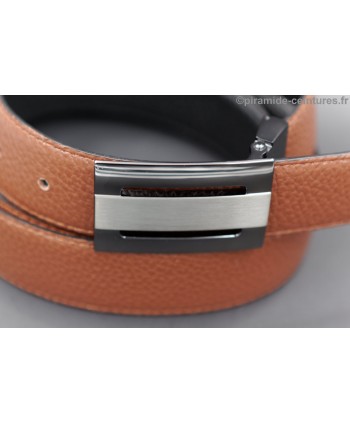 Reversible 35 mm leather belt black and brown plate buckle color nickel and gun barrel - brown side - buckle detail