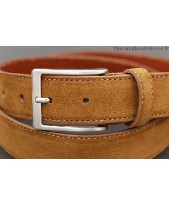 Camel suede leather belt - nickel buckle - buckle detail