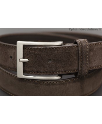 Dark brown suede leather belt - nickel buckle - buckle detail