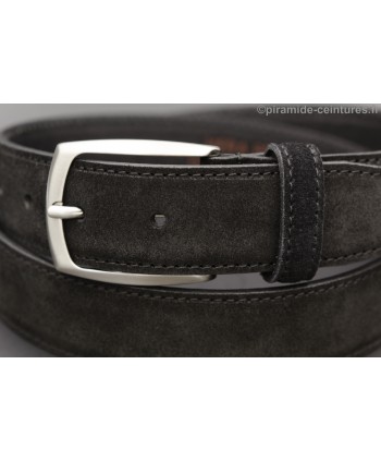 Anthracite suede leather belt - nickel buckle - buckle detail
