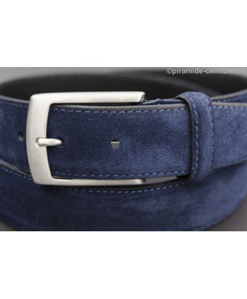 Dark blue suede leather belt - nickel buckle - buckle detail
