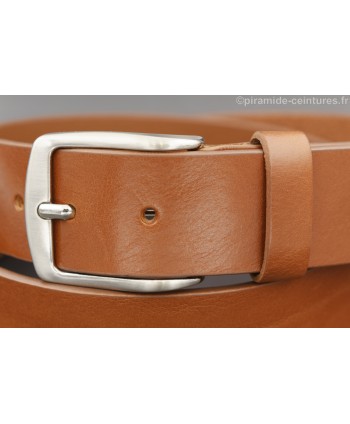 Large camel leather belt - buckle detail