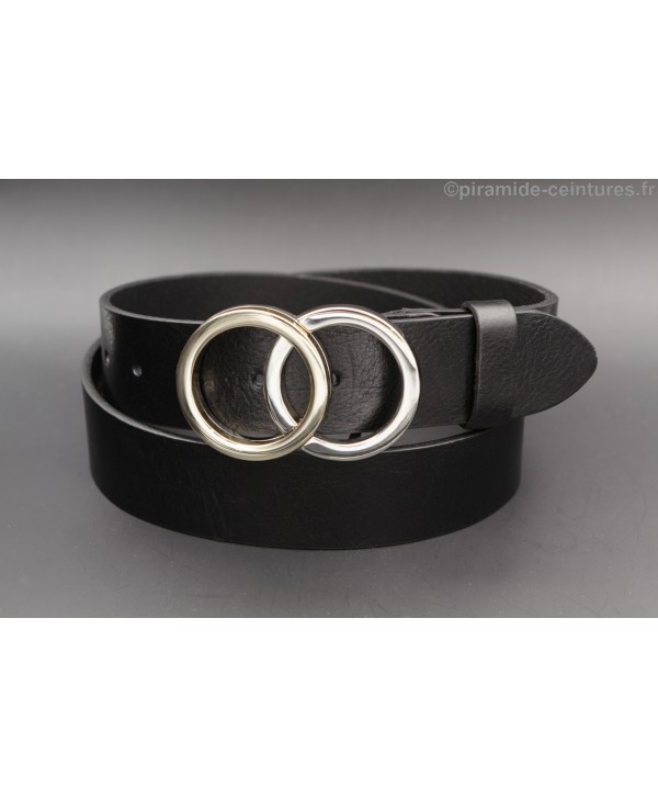 Gold and nickel double circle buckle black leather belt