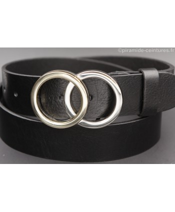Gold and nickel double circle buckle black leather belt - buckle detail