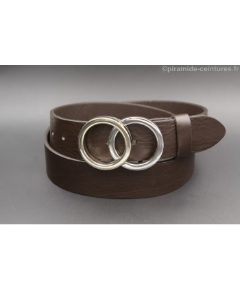 Gold and nickel double circle buckle brown leather belt