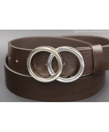 Gold and nickel double circle buckle brown leather belt - buckle detail