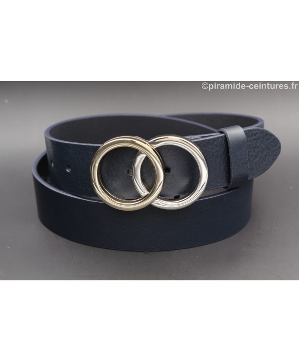 Gold and nickel double circle buckle navy blue leather belt