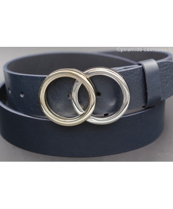 Gold and nickel double circle buckle navy blue leather belt - buckle detail