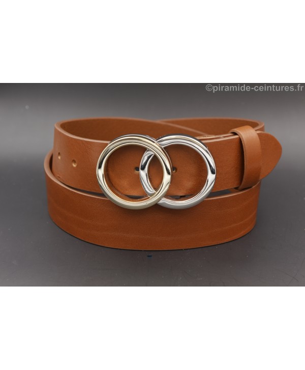 Gold and nickel double circle buckle cognac leather belt